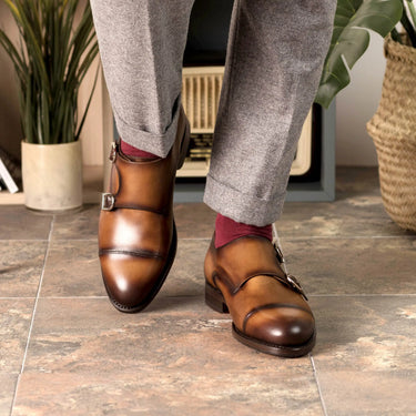 DapperFam Monaco in Cognac Men's Italian Leather Double Monk
