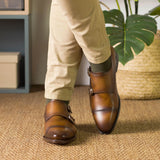 DapperFam Monaco in Cognac Men's Italian Leather Double Monk — Style 5495