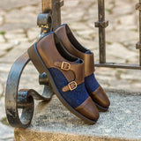DapperFam Monaco in Dark Brown / Jeans Men's Sartorial & Italian Leather Double Monk