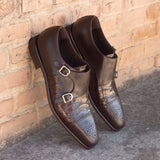 DapperFam Monaco in Dark Brown Men's Italian Leather Double Monk in Dark Brown