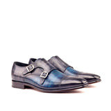 DapperFam Monaco in Denim / Grey Men's Hand-Painted Patina Double Monk in Denim / Grey