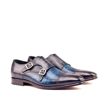 DapperFam Monaco in Denim / Grey Men's Hand-Painted Patina Double Monk in Denim / Grey