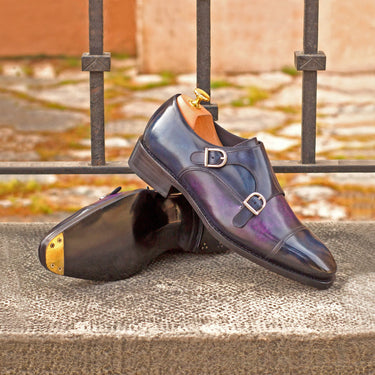 DapperFam Monaco in Denim / Purple Men's Hand-Painted Patina Double Monk