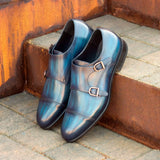 DapperFam Monaco in Denim Men's Hand-Painted Patina Double Monk