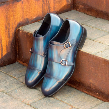 DapperFam Monaco in Denim Men's Hand-Painted Patina Double Monk