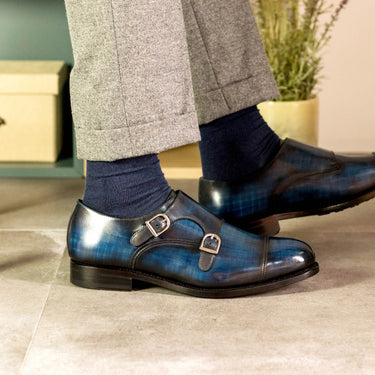 DapperFam Monaco in Denim Men's Hand-Painted Patina Double Monk