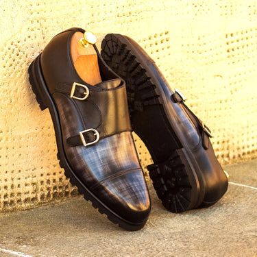 DapperFam Monaco in Grey / Black Men's Italian Leather & Hand-Painted Patina Double Monk in #color_