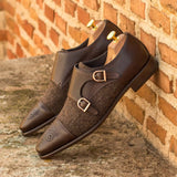DapperFam Monaco in Herringbone / Dark Brown Men's Sartorial & Italian Full Grain Leather Double Monk