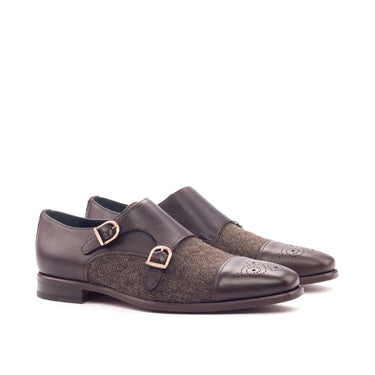 DapperFam Monaco in Herringbone / Dark Brown Men's Sartorial & Italian Full Grain Leather Double Monk in Herringbone / Dark Brown