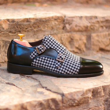 DapperFam Monaco in Houndstooth / Black Men's Sartorial & Italian Leather Double Monk in Houndstooth / Black