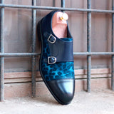 DapperFam Monaco in Leopard / Navy Men's Sartorial & Italian Leather Double Monk in Leopard / Navy