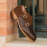 DapperFam Monaco in Med Brown / Dark Brown Men's Lux Suede & Italian Full Grain Leather Double Monk