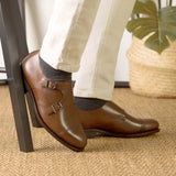 DapperFam Monaco in Med Brown Men's Italian Leather Double Monk — Style 5325