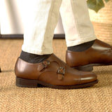 DapperFam Monaco in Med Brown Men's Italian Leather Double Monk