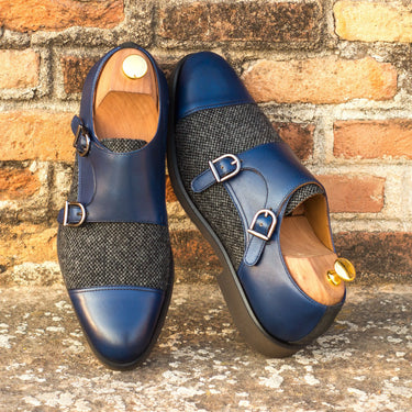 DapperFam Monaco in Navy / Nailhead / Grey Men's Sartorial & Lux Suede & Italian Leather Double Monk