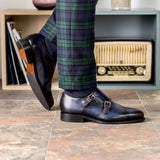 DapperFam Monaco in Navy Men's Italian Leather Double Monk