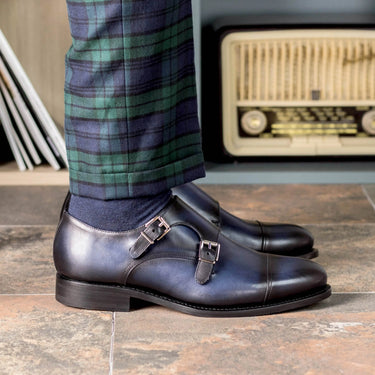 DapperFam Monaco in Navy Men's Italian Leather Double Monk