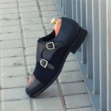 DapperFam Monaco in Navy Men's Italian Leather & Lux Suede Double Monk