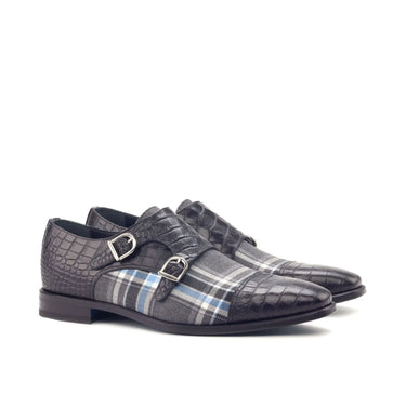 DapperFam Monaco in Plaid / Black Men's Sartorial & Italian Croco Embossed Leather Double Monk in Plaid / Black
