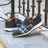 DapperFam Monaco in Plaid / Grey Men's Sartorial & Lux Suede Double Monk — Style 4414
