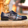 DapperFam Monaco in Plaid / Navy Men's Sartorial & Italian Leather Double Monk in Plaid / Navy #color_ Plaid / Navy