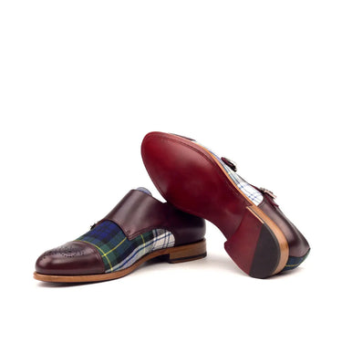 DapperFam Monaco in Tartan / Burgundy Men's Sartorial & Italian Leather Double Monk
