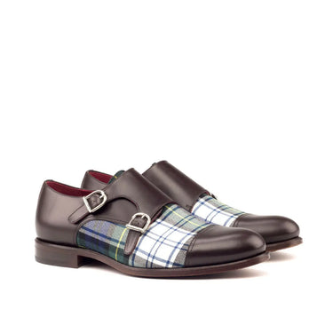 DapperFam Monaco in Tartan / Dark Brown Men's Sartorial & Italian Leather Double Monk in Tartan / Dark Brown