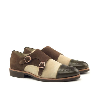 DapperFam Monaco in Tartan / Med Brown / Olive / Taupe Men's Sartorial & Lux Italian Suede & Italian Leather Double Monk in Tartan / Med Brown / Olive / Taupe