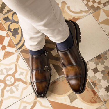 DapperFam Monaco in Tobacco Men's Hand-Painted Patina Double Monk