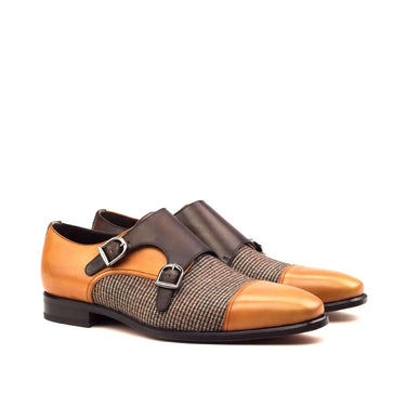 DapperFam Monaco in Tweed / Cognac / Dark Brown Men's Sartorial & Italian Leather Double Monk in Tweed / Cognac / Dark Brown