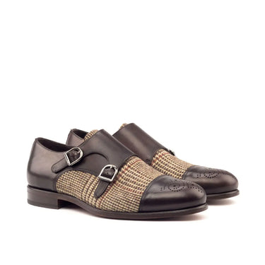 DapperFam Monaco in Tweed / Dark Brown Men's Sartorial & Italian Leather Double Monk in Tweed / Dark Brown