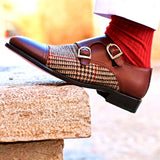 DapperFam Monaco in Tweed / Med Brown Men's Sartorial & Italian Leather Double Monk in Tweed / Med Brown