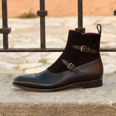 DapperFam Octavian in Black Men's Italian Suede & Italian Pebble Grain Leather Buckle Boot in #color_