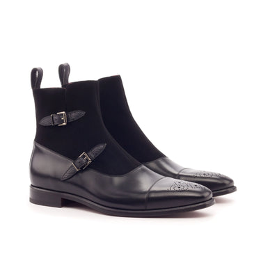 DapperFam Octavian in Black Men's Italian Suede & Italian Pebble Grain Leather Buckle Boot in Black #color_ Black