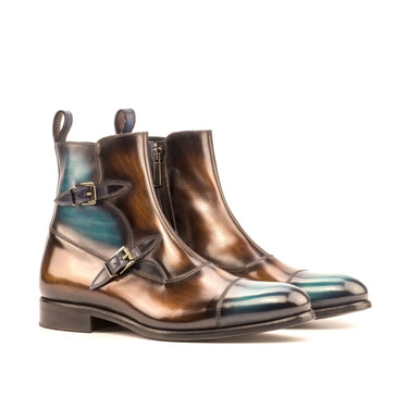 DapperFam Octavian in Brown / Turquoise / Denim Men's Hand-Painted Patina Buckle Boot in Brown / Turquoise / Denim #color_ Brown / Turquoise / Denim