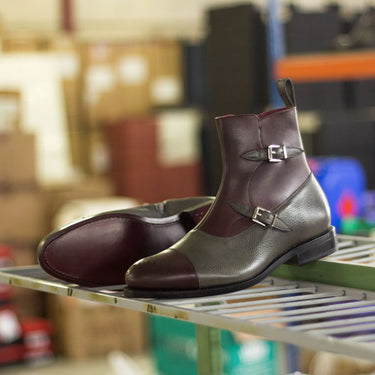 DapperFam Octavian in Burgundy / Grey Men's Italian Leather & Italian Full Grain Leather Buckle Boot in #color_