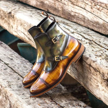DapperFam Octavian in Cognac / Green Men's Hand-Painted Patina Buckle Boot in #color_