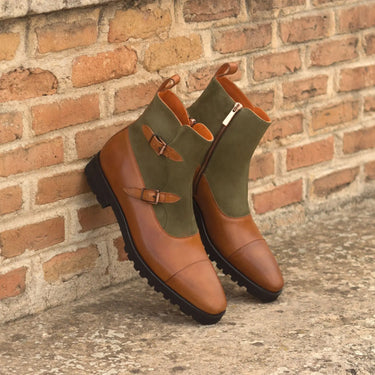 DapperFam Octavian in Cognac / Khaki Men's Italian Leather & Italian Suede Buckle Boot in #color_