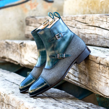 DapperFam Octavian in Turquoise / Light Grey Men's Flannel & Hand-Painted Patina Buckle Boot in #color_