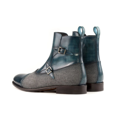 DapperFam Octavian in Turquoise / Light Grey Men's Flannel & Hand-Painted Patina Buckle Boot in