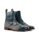 DapperFam Octavian in Turquoise / Light Grey Men's Flannel & Hand-Painted Patina Buckle Boot