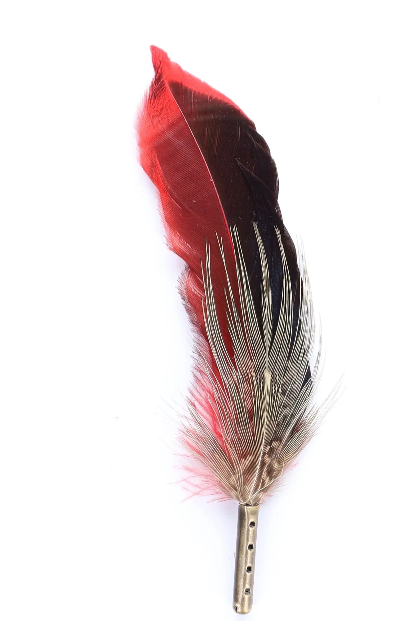 DapperFam Red & Black 4 in Iridescent Duckwing Hat Feather in Bronze Tip