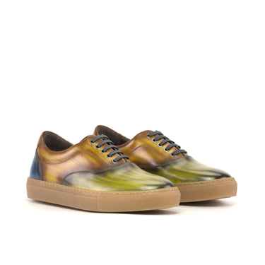 DapperFam Riccardo in Olive / Cognac / Navy Men's Hand-Painted Patina Top Sider in Olive / Cognac / Navy