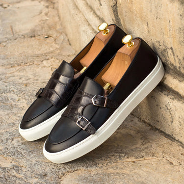 DapperFam Riviera in Black Men's Italian Croco Embossed Leather Monk Sneaker in #color_