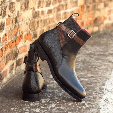 DapperFam Rohan in Black / Dark Brown Men's Italian Embossed & Pebble Grain Leather Jodhpur Boot
