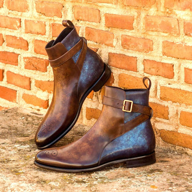 DapperFam Rohan in Brown / Denim Men's Hand-Painted Patina Jodhpur Boot