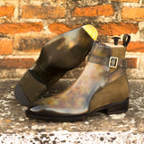 DapperFam Rohan in Khaki / Green Men's Lux Suede & Hand-Painted Patina Jodhpur Boot