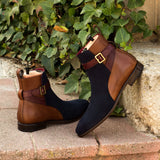 DapperFam Rohan in Navy / Med Brown / Burgundy Men's Italian Leather & Lux Suede Jodhpur Boot