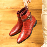 DapperFam Rohan in Red / Burgundy Men's Italian Croco Embossed Leather Jodhpur Boot