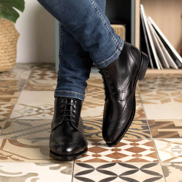 DapperFam Valiant in Black Men's Italian Leather Military Brogue